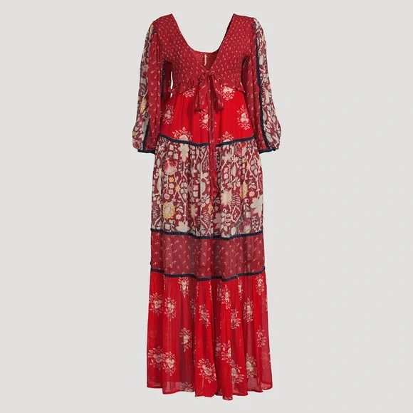 Free People Bali Laurel Bohemian Long Sleeve Red Maxi Dress - $298 - Picture 12 of 16